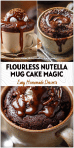 Flourless Chocolate Nutella Mug Cake in a mug topped with melted chocolate, showing an easy 5 minute dessert recipe.